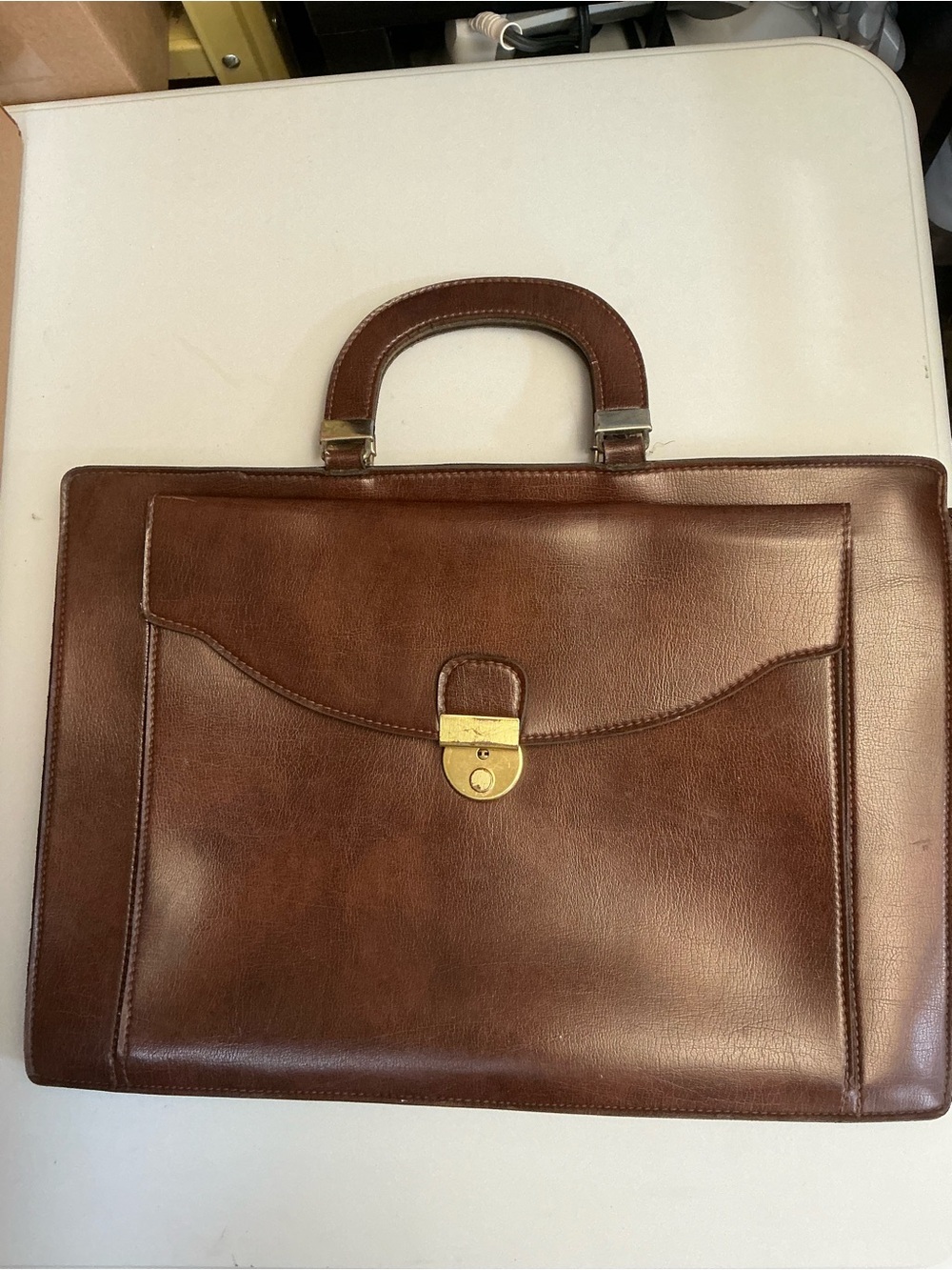 2421 - Vintage Brown Leather Briefcase Attache Case Swiss Amiet Push Lock Busine